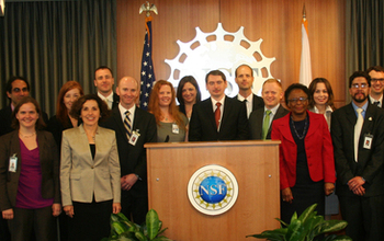 NSF Director France Cordova and Deputy Director Cora Marrett met with 2014 PECASE awardees at NSF.